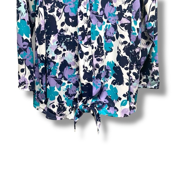 Jessica‎ London Drape Tie Front Navy/Purple Floral Print Career Top - Picture 4 of 7